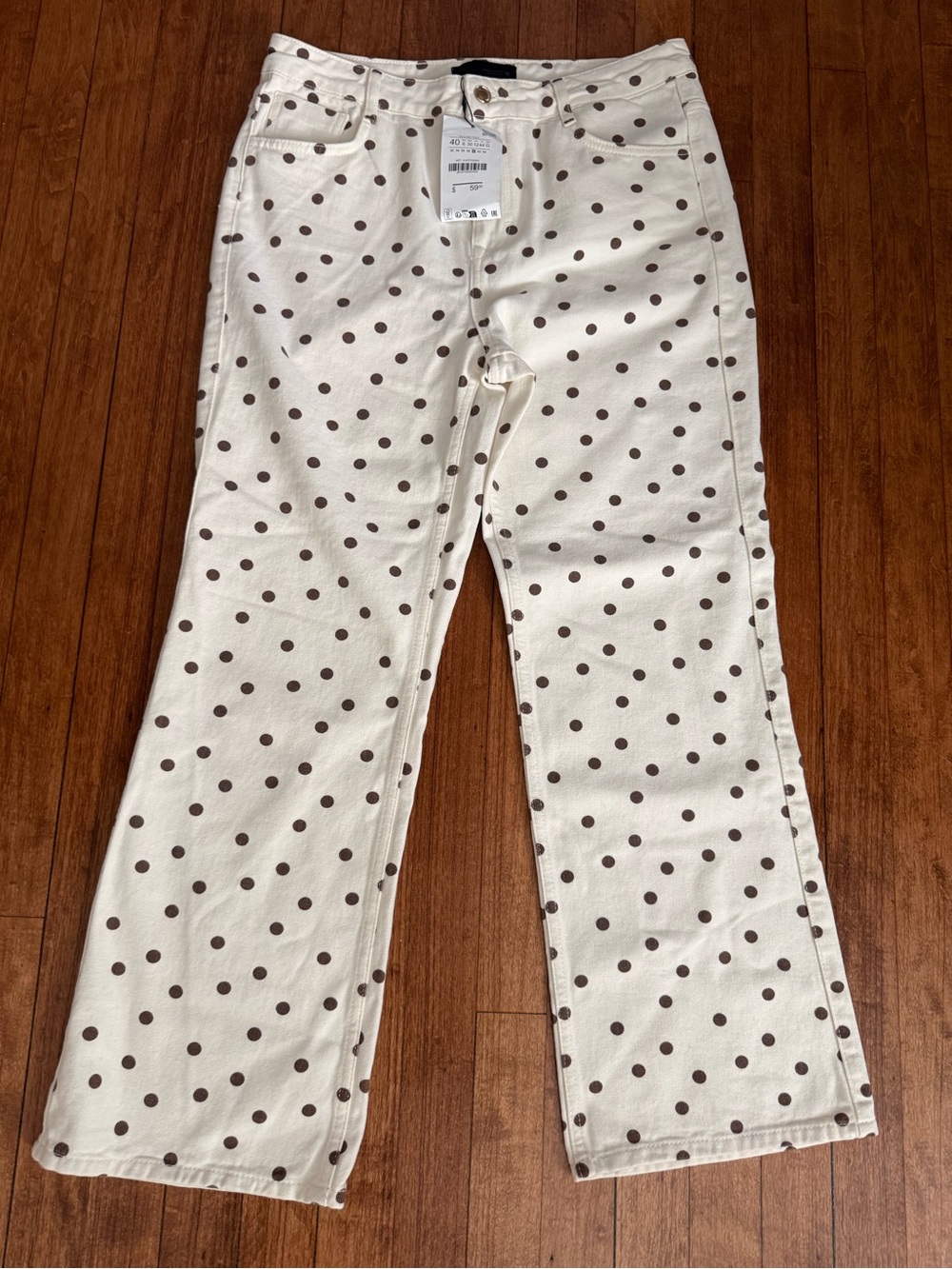 Zara Cream Jeans with Brown Polka Dot Print